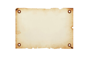 Fototapeta premium Vintage paper sign or blank parchment scroll with aged texture and torn edges, pinned on transparent background