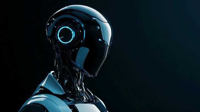Humanoid artificial intelligence robot with glowing cybernetic eye advanced mechanical anatomy in a futuristic dark environment showing robotics innovation machine learning next generation technology