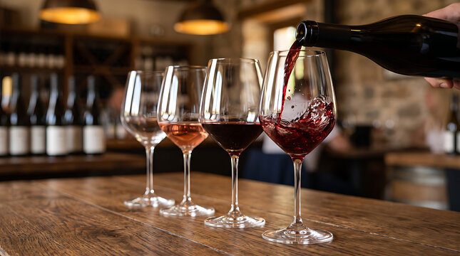 Red Wine Being Poured into Glasses on Wooden Table in Elegant Restaurant Bar for Wine Tasting and Fine Dining