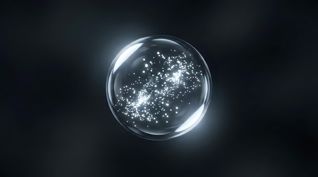 Glowing sphere with swirling white particles and light effects inside transparent glass orb on dark background, suitable for science, technology, and abstract design projects.