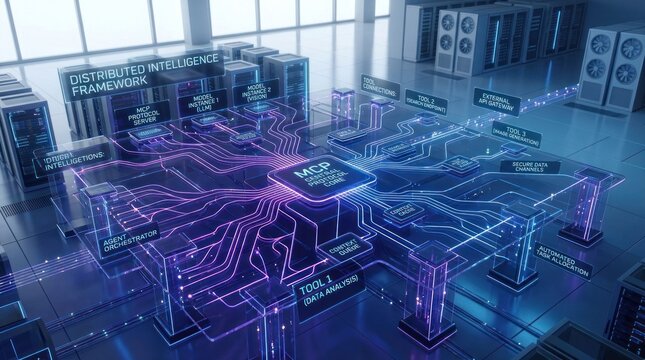 Distributed intelligence framework with central mcp protocol core interconnected data nodes, for advanced artificial intelligence, neural networks digital transformation