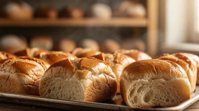 Sweet buns freshly baked and arranged on a metal tray inside a welcoming bakery with warm morning light and visible steam creating a rich homemade pastry setting for artisan food and baking ideas