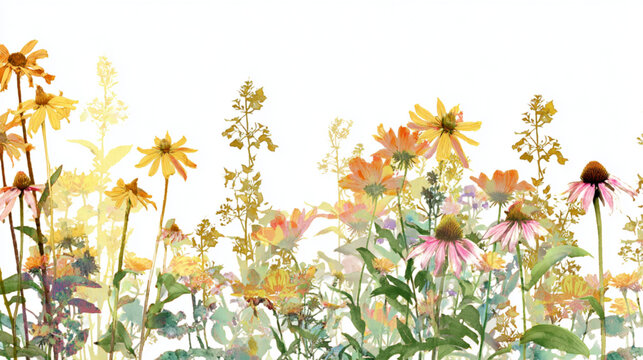 Watercolor illustration of vibrant wildflowers and echinacea plants.