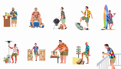 Vector Set of Men in Colorful Hawaiian Shirts Enjoying Summer Activities, Barbecue, Surfing, and Tropical Vacation in Flat Illustration Style © Papat