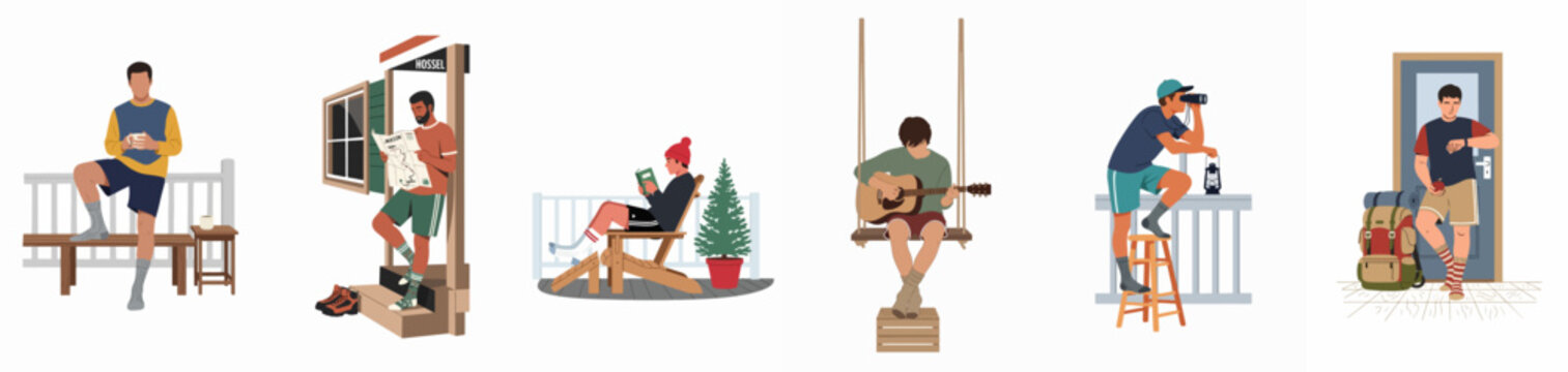 Flat vector illustration set of men enjoying outdoor leisure, travel, and hostel stay activities like reading, playing guitar, hiking, and relaxing.