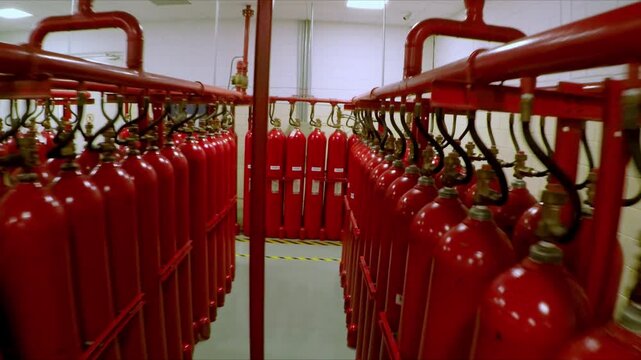 Tracking shot of rows of red fire extinguishers suspended on storage racks, showcasing industrial safety equipment organized inside facility for emergency response