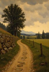 Obraz premium Serene Rural Landscape with Dirt Path, Stone Wall, Tree, and Rolling Fields