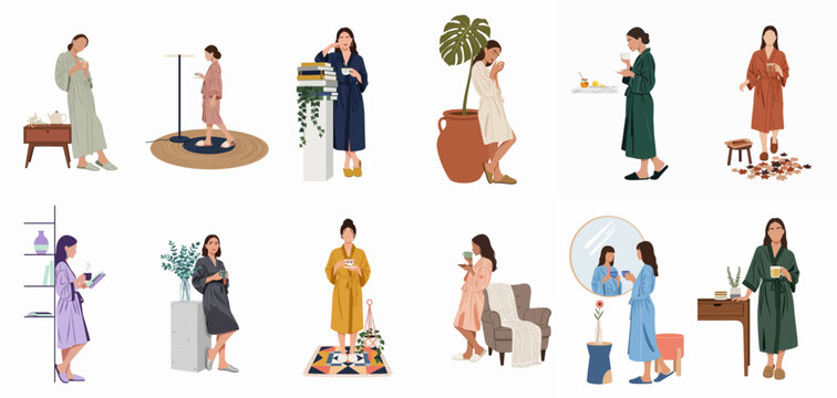 A collection of diverse women in colorful bathrobes relaxing at home with tea and coffee, illustrated in a minimalist flat vector style.