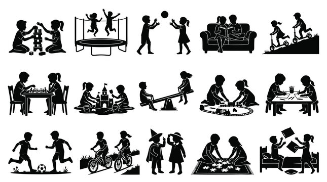 Black and White Silhouettes of Children Playing and Learning Activities