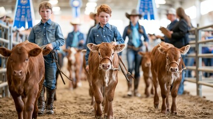 Obraz premium Teen ranchers in crisp denim shirts and polished boots lead haltered show calves through a bright livestock arena, with a sawdust floor, metal rail fencing, champion ribbons, and clipboard judges in