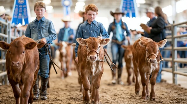 Teen ranchers in crisp denim shirts and polished boots lead haltered show calves through a bright livestock arena, with a sawdust floor, metal rail fencing, champion ribbons, and clipboard judges in