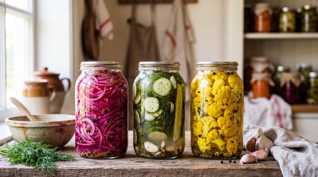 Colorful jars of homemade pickled vegetables on a rustic wooden kitchen table