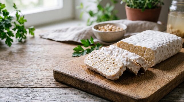 Sliced fresh raw tempeh on a wooden cutting board in a rustic kitchen setting.