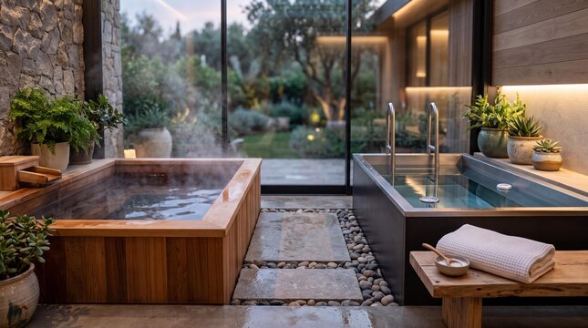 Modern luxury wellness spa with a hot wooden tub and cold plunge pool.