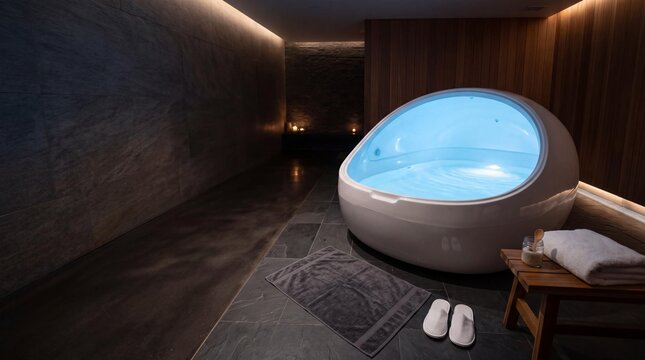 Modern sensory deprivation float tank glowing in a luxury spa wellness room.