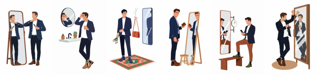 Fototapeta premium Set of illustrations showing a stylish man grooming, dressing up, and preparing for a date in front of a mirror.