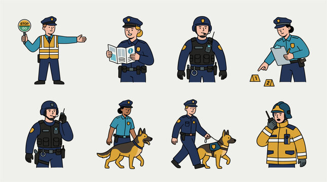 Police Officers and Emergency Service Workers Character Set with K9 Dog Units and Equipment