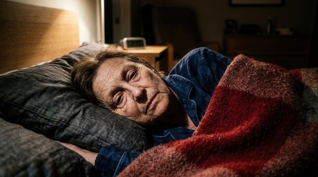 Senior Woman Resting In Bed At Nighttime Feeling Unwell