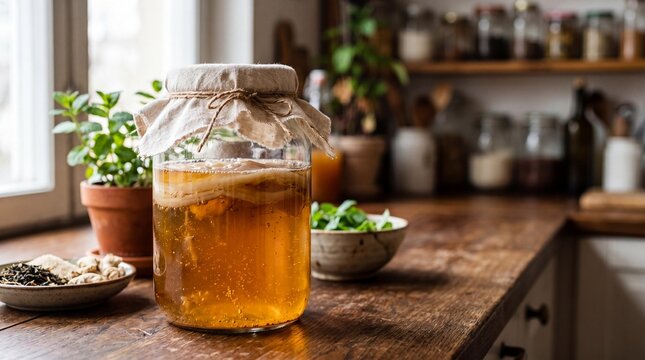 Kombucha tea fermenting in a glass jar with SCOBY on a rustic wooden counter.