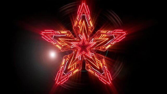 Abstract glowing neon red star symbol with electric lines and futuristic light effects creating vivid digital background for entertainment celebration technology and modern graphic design concepts