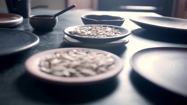 Close up of pumpkin seeds displayed on ceramic plate in traditional Mexican kitchen. Natural ingredient used in authentic regional cuisine, showcasing culinary preparation and local gastronomy