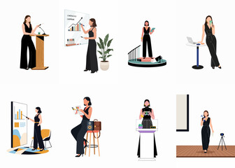 Fototapeta premium Collection of flat illustrations depicting a professional woman in various business roles including public speaker, presenter, and entrepreneur in a modern office setting.