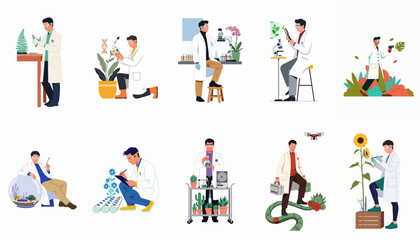 Fototapeta premium Collection of male botanists and scientists conducting experiments, research, and data collection on various plants in laboratory and outdoor environments.
