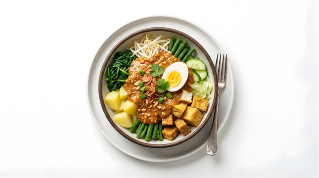 Indonesian gado gado salad with tofu potatoes boiled egg and savory peanut sauce in a rustic ceramic bowl
