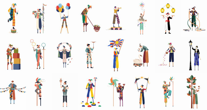 Large collection of diverse jester and harlequin stilt walker illustrations with various props for carnival and circus themes.