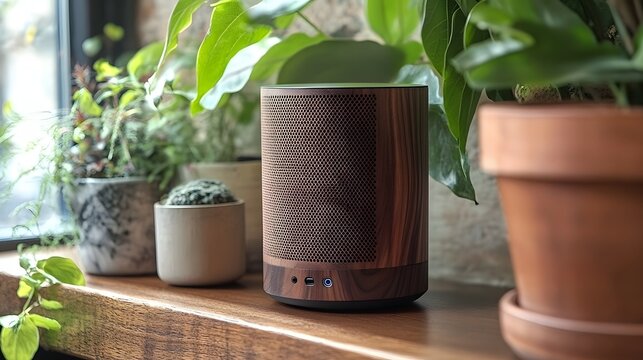 A sleek wooden Bluetooth speaker with a textured grille sits on a rustic wooden shelf surrounded by potted plants in natural light creating a cozy home audio setup for modern living spaces.