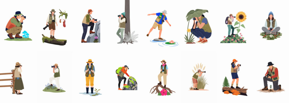 Flat vector illustrations of men and women nature photographers exploring the outdoors and capturing beautiful landscapes, plants, and wildlife with their cameras.