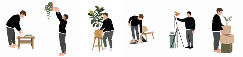 Fototapeta premium Set of Illustrations Showing a Young Man Decorating and Organizing a New Home with Plants, Furniture, and Storage Boxes.