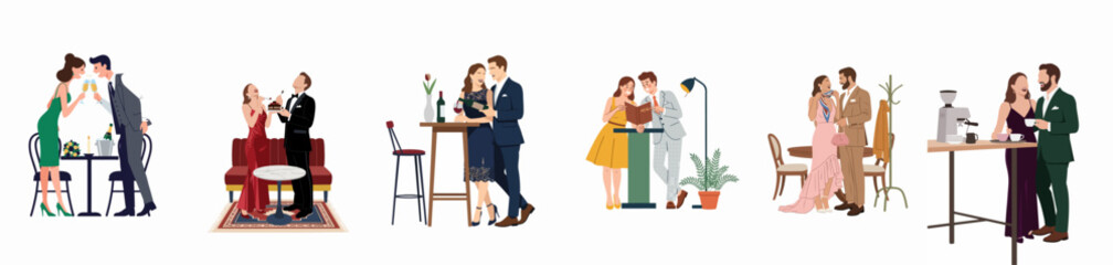 Obraz premium Flat vector illustration set of elegant couples enjoying romantic dates and fine dining in various upscale restaurant and bar settings.