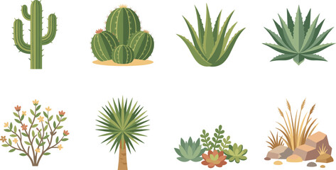 Naklejka premium Desert Plants Collection with Cactus, Succulents, Agave and Dry Landscape Vector Set