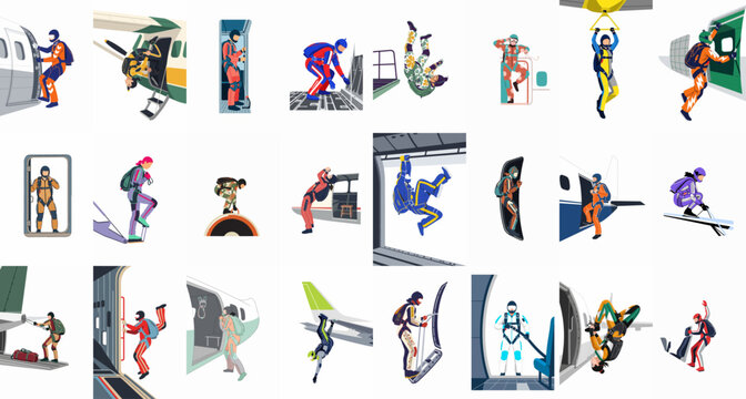 Collection of flat illustrations showing diverse skydivers in various poses and gear jumping out of different airplanes for an extreme sports concept.