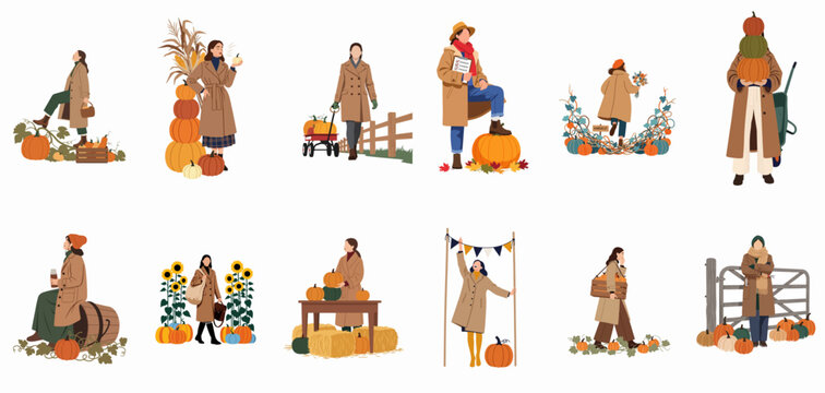 Flat vector illustration set of women celebrating autumn harvest, picking pumpkins, and enjoying fall activities in the countryside.