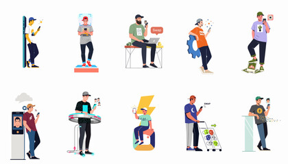 Fototapeta premium Diverse set of male character illustrations using smartphones for facial recognition, photo editing, and social media technology in a flat design style.