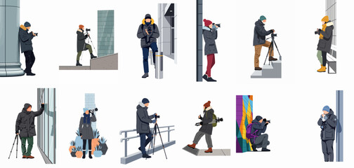 Flat vector illustration set of diverse male and female photographers in winter gear capturing urban street scenes with cameras and tripods. © Lopezda