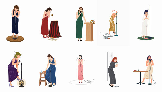 Collection of Illustrations Featuring Diverse Women in Elegant Evening Gowns Performing, Singing, and Speaking into Vintage Microphones with Various Emotional Expressions.