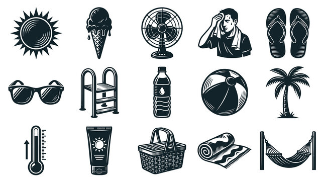 Summer Vacation Icons Set: Sun, Ice Cream, Fan, Man Sweating, Flip Flops, Sunglasses, Pool Ladder