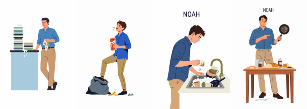 Illustration of a man named Noah performing various household chores including washing dishes, taking out trash, and managing a messy kitchen.