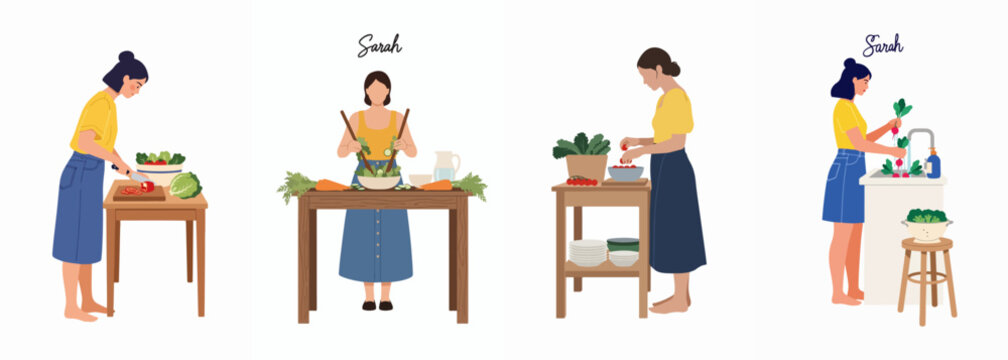 Illustration set of a woman named Sarah preparing healthy meals, cutting vegetables, tossing salad, and washing fresh produce in the kitchen.