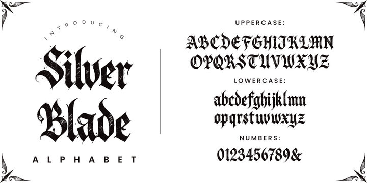 Silver Blade gothic blackletter medieval typeface with distressed texture for dark fantasy designs