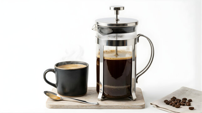 Isolated French press coffee maker next to a black mug with steaming hot brew and scattered coffee beans for morning routine