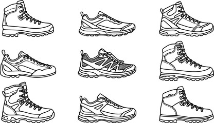 Obraz premium Outdoor Footwear Black and White Line Art Vector Set: Hiking Boots, Trail Shoes, and Sneakers Icons for Sports, Adventure, and Recreation.