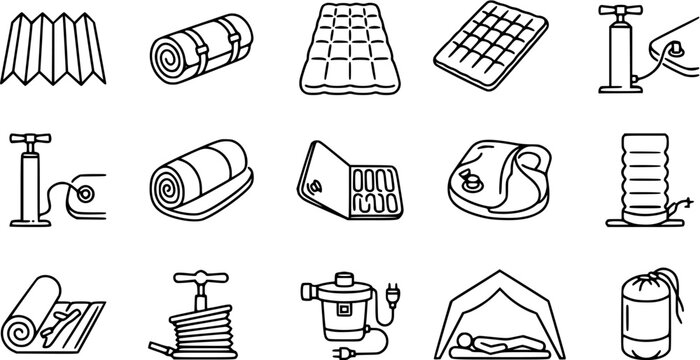 Camping Gear Line Icons: Sleeping Mats, Air Pumps, Tent, Sleeping Bag, Outdoor Equipment Set