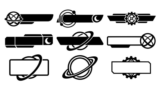 Black and white vector user interface set featuring celestial moon lower third banners, sci-fi gear stream panels, and planetary orbit text frames
