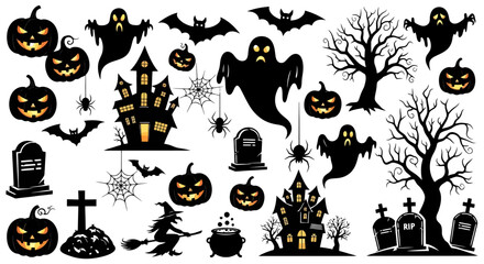 Obraz premium Halloween Illustration with Pumpkins Ghosts and Bats.