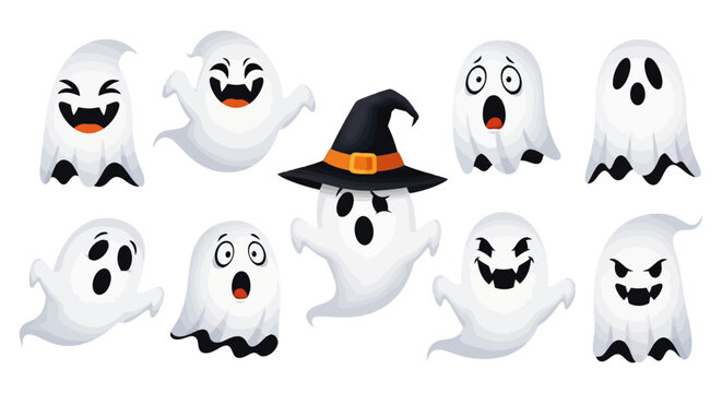 Playful Cartoon Ghosts with Witch Hat for Halloween Decoration.