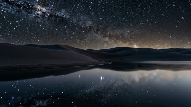 Glowing Milky Way and countless stars above silent desert dunes reflected in calm water creating a peaceful cosmic wilderness landscape with serene night atmosphere and dreamlike natural beauty